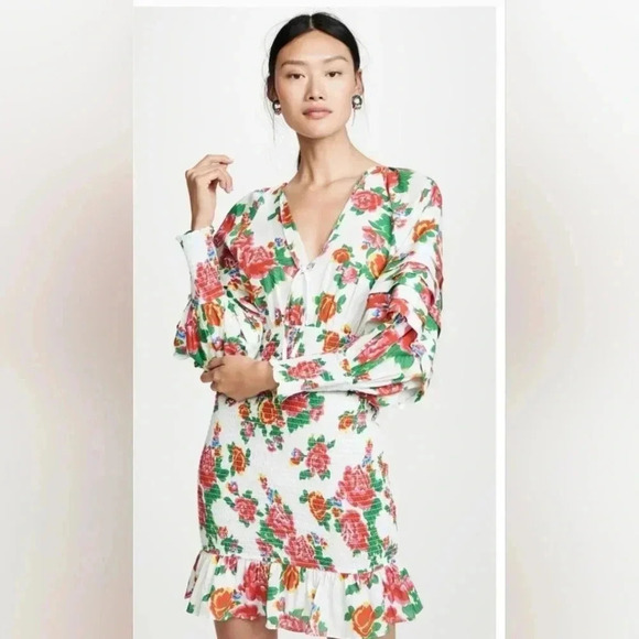 Rhode Mini Dress Anya Floral Smocked Dress Puff Long Sleeve V Neck L - Picture 1 of 11